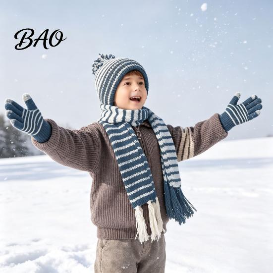 Soft Skin Friendly Winter Set 1 Hat Scarf Gloves for Kids, Fleece Lined Striped Knit with Children Elastic Ribbed Pom Pom, Cozy Toddlers Boys
