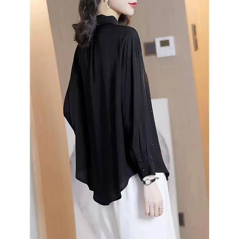 WTEMPO Black High End Shirts Women Spring Summer Stylish Long Sleeve Loose Large Size Turn-down Collar Button Tops