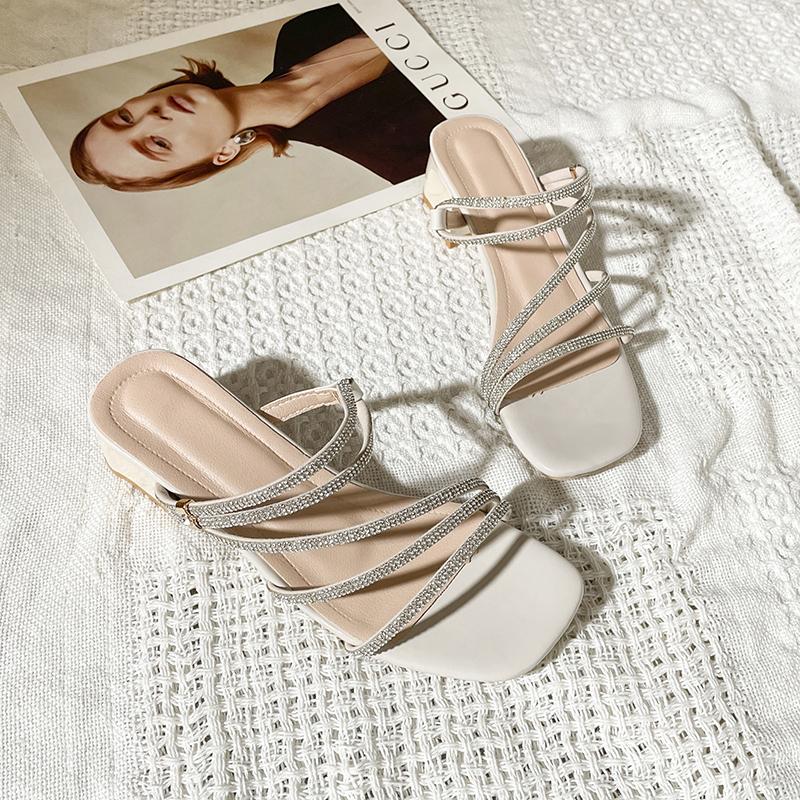 Fairy Style Rhinestone Thick Heel Sandals Women's Summer Versatile Square Head Skirt One Strap Two Wear Slip-on Shoes