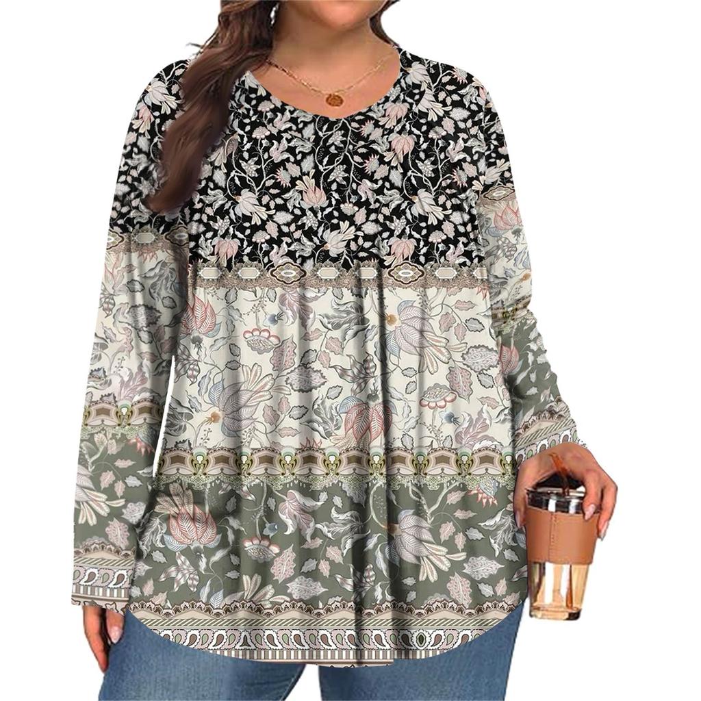 Women's Plus Size Fashion  Printed Casual Pleated Round Neck Long Sleeve Top