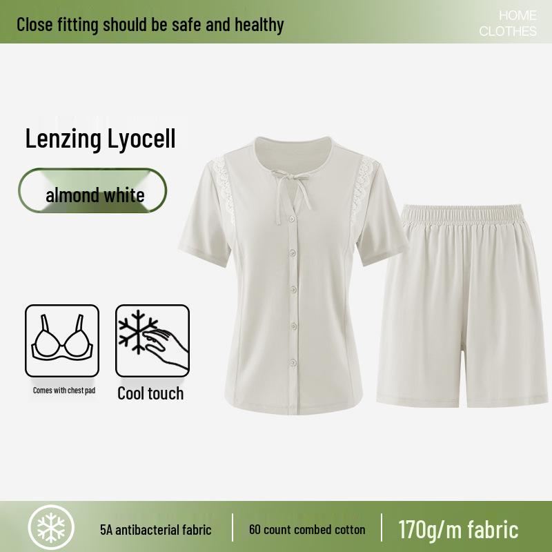 

Женский летний антибактериальный охлаждающий пижамный комплект с бюстгальтером - короткий рукав и шорты M (Recommended weight 90-110 Jin) миндальный/белый