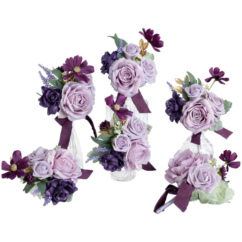 6Pcs Wedding Bouquets with Ribbon for Bride and Bridesmaid Realistic Artificial Rose Flower Bouquets Photography Tool