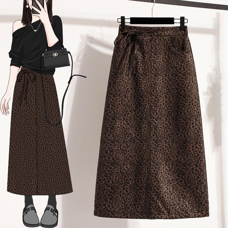 Autumn Plus Size Leopard Print High Waist Slimming A-line Midi Skirt for Women XL