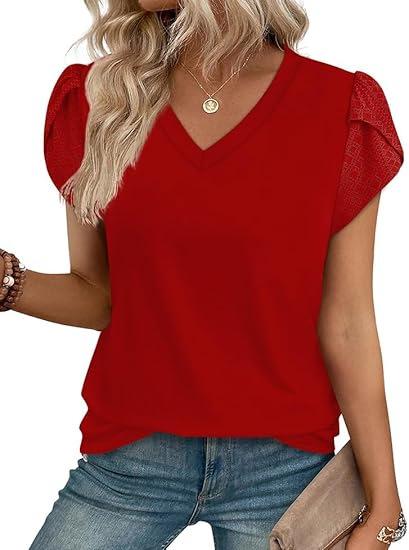 Women's lace T-shirt spring and summer European and American women's clothing new bubble sleeve lace V-neck pullover top women