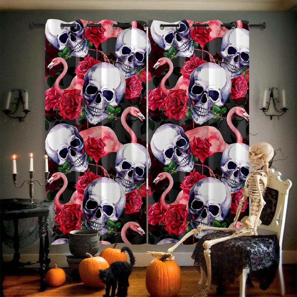 Horror Skull Floral 3D Printed Curtains Retro Gothic Curtains Halloween Party Decorative Curtains Home Decor 2 Pieces