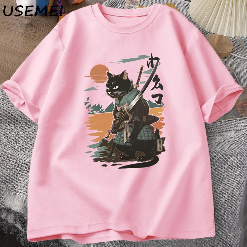 Samurai Cat TShirt Japanese Style Cat Designer Vintage Tshirt Casual Unisex Graphic T Shirts Cotton Short Sleeve Tee Streetwear