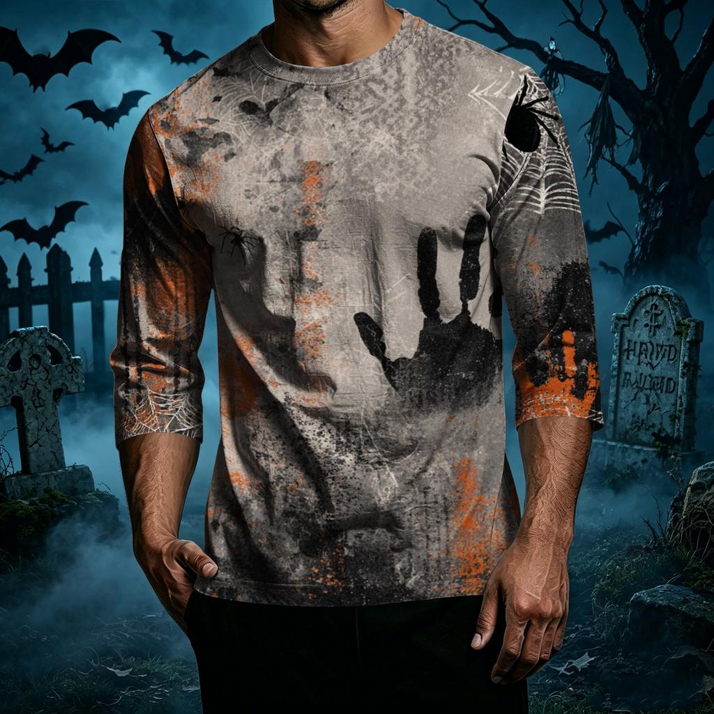 Men's Casual Halloween Print Crew Neck T Shirt Three Quarter Sleeve Top Comfortable Fit Lightweight Fabric Stylish Design