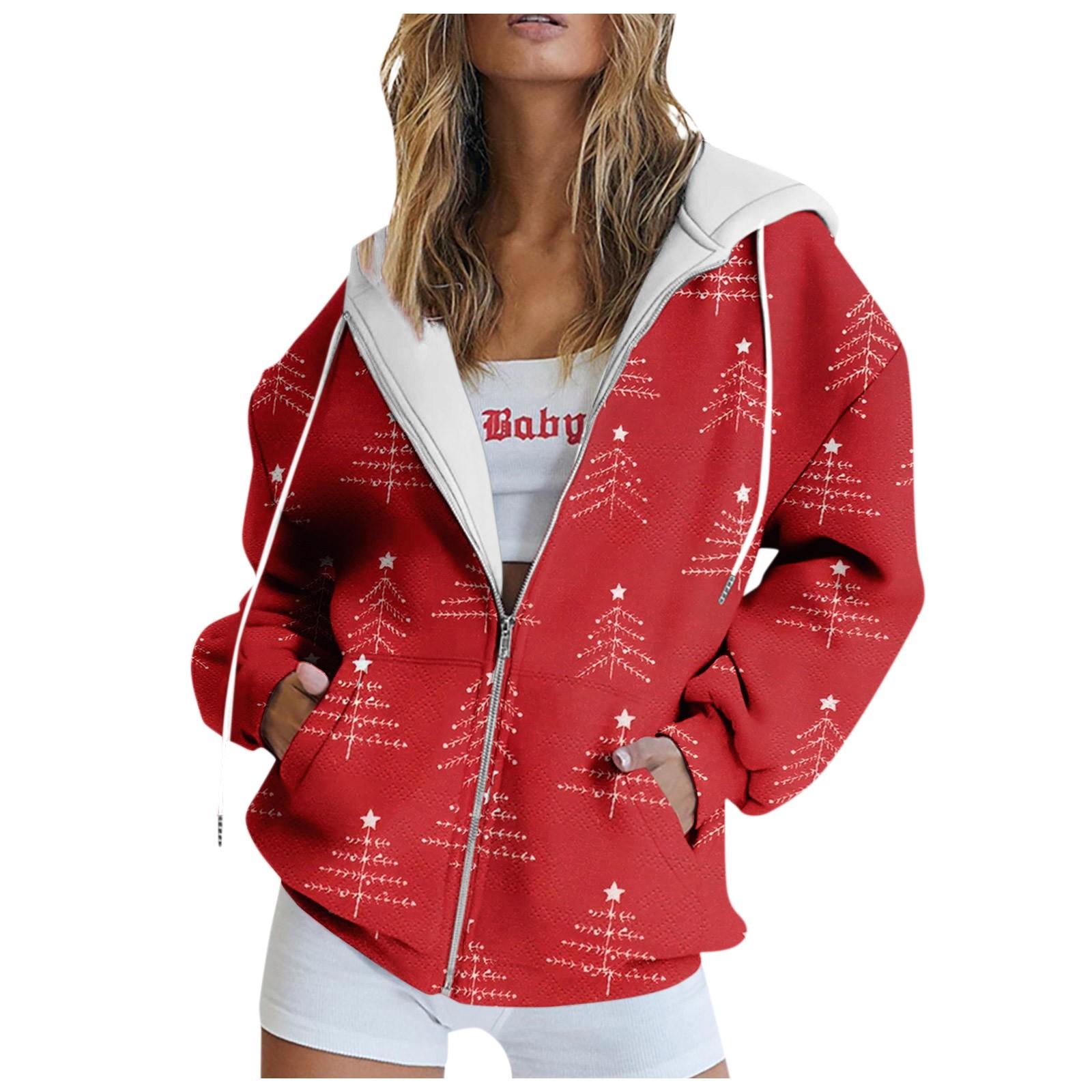 

Женская повседневная мода рождественский принт длинный рукав пуловер толстовки с капюшоном на молнии пальто M винный