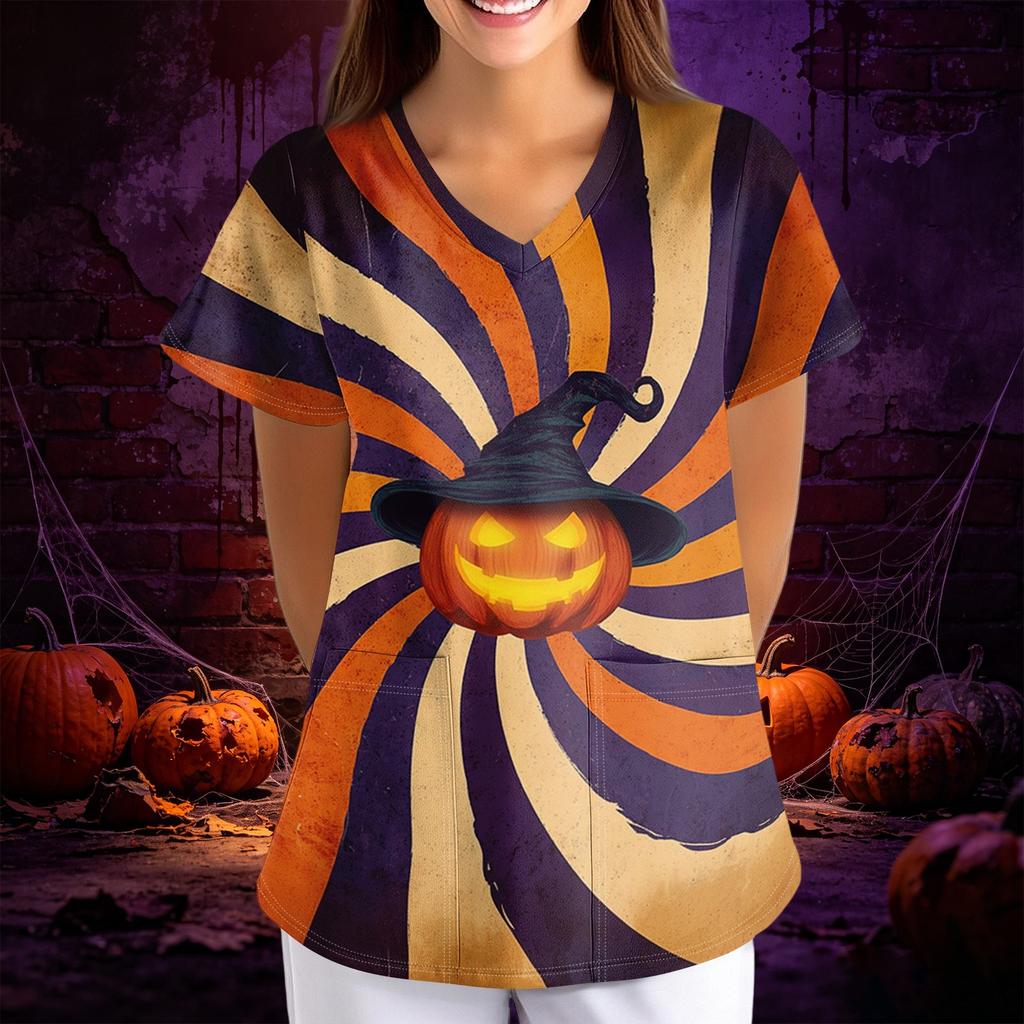 Women's Halloween Print Loose V-Neck Short Sleeve Pocket Uniform Top Scrub Costume Cosplay for Adult Women