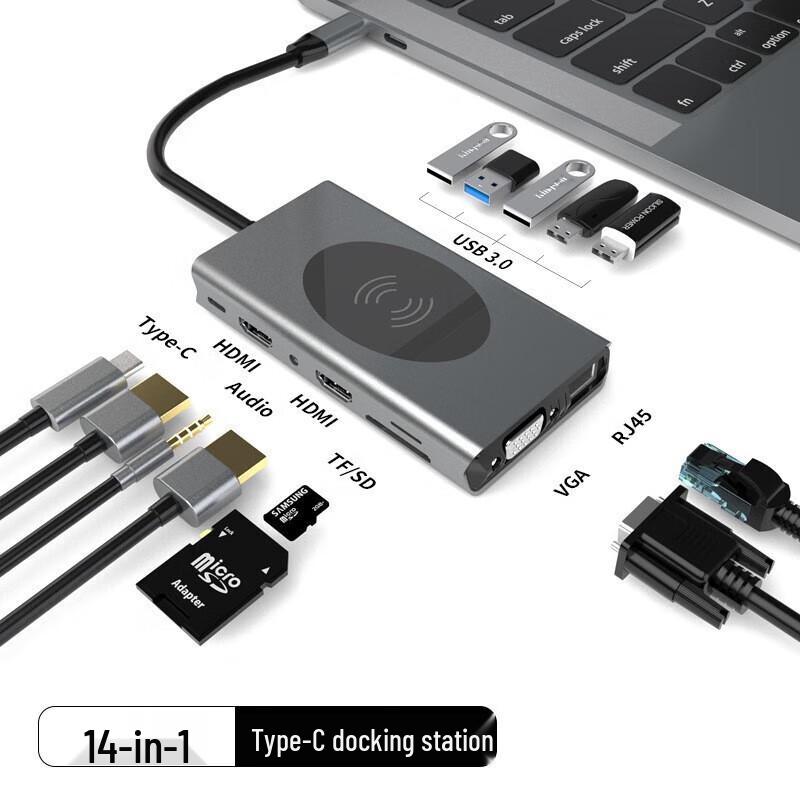 USB-C хаб Beiduo Yang 14-в-1 с двумя HDMI и беспроводной зарядкой 15 Вт