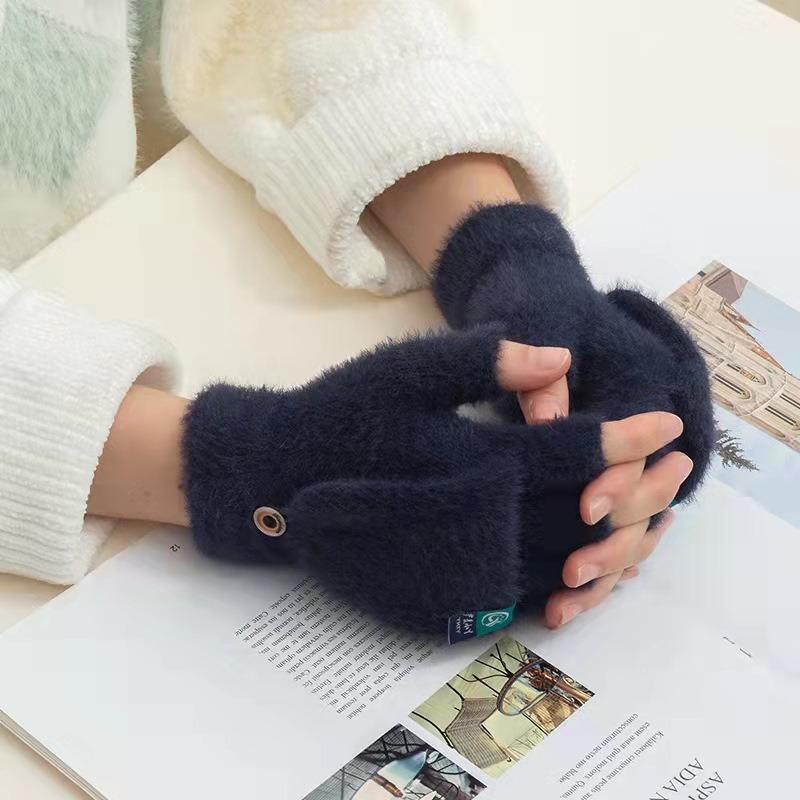 New Half-finger Covered Plush Gloves, Autumn and Winter Flip Knitted Warm Thickened Bag Cover, Leaking Finger Imitation Mink