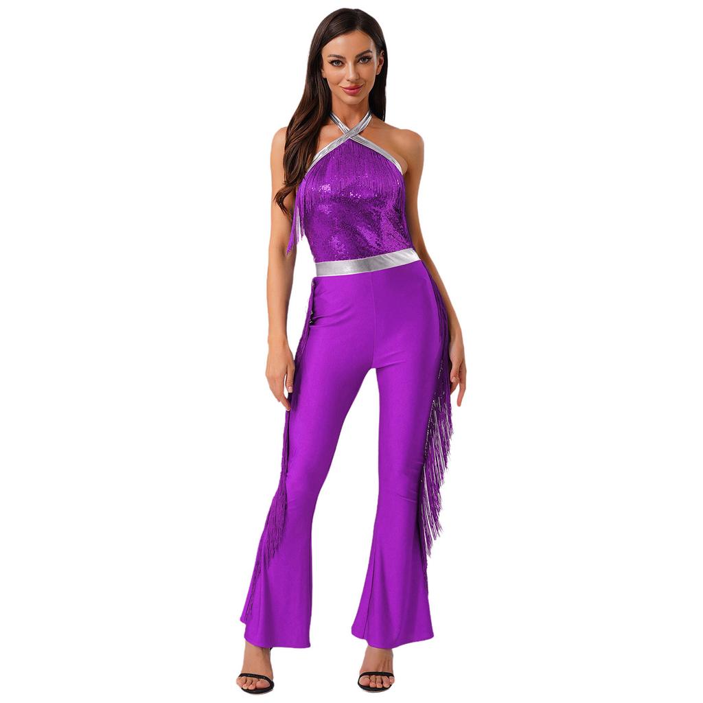 Womens 70s Disco Halter Sequined Top Tassel Fringe Flared Pants Romper Shiny Metallic Jumpsuit