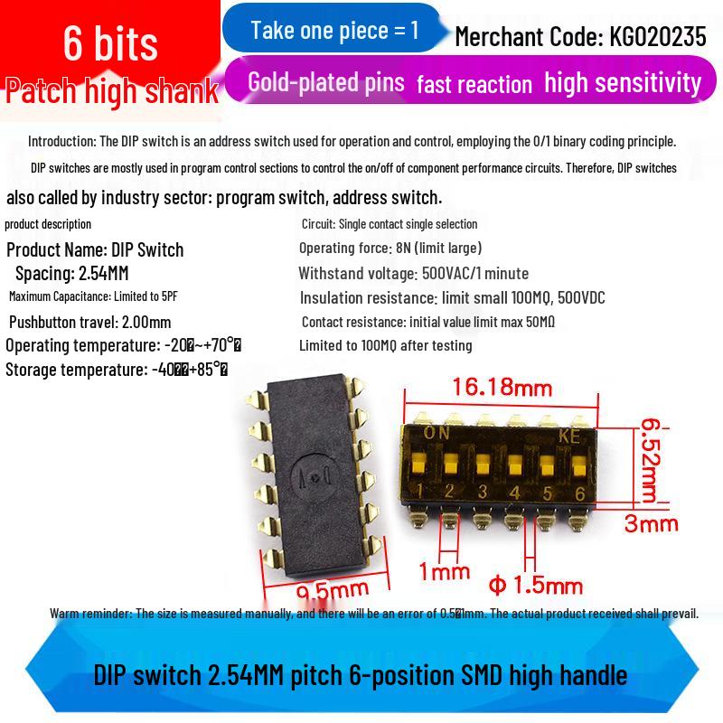 SMD DIP Switch, Flat Toggle, 2P 4-10 Positions, 2.54mm, Red/Blue/Black