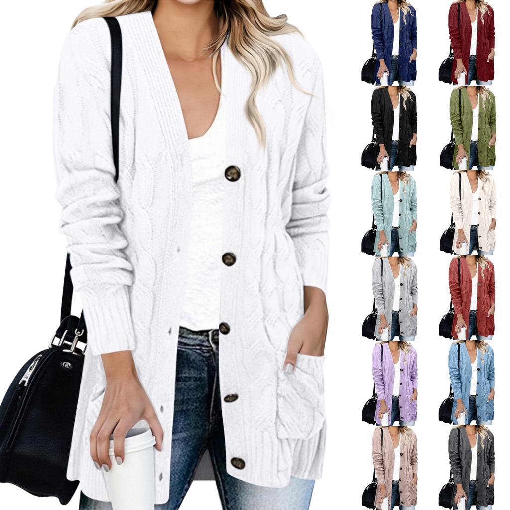 Women's Fashion Solid Color Casual Cardigan Jacket Cable Knit Button Cardigan Sweater