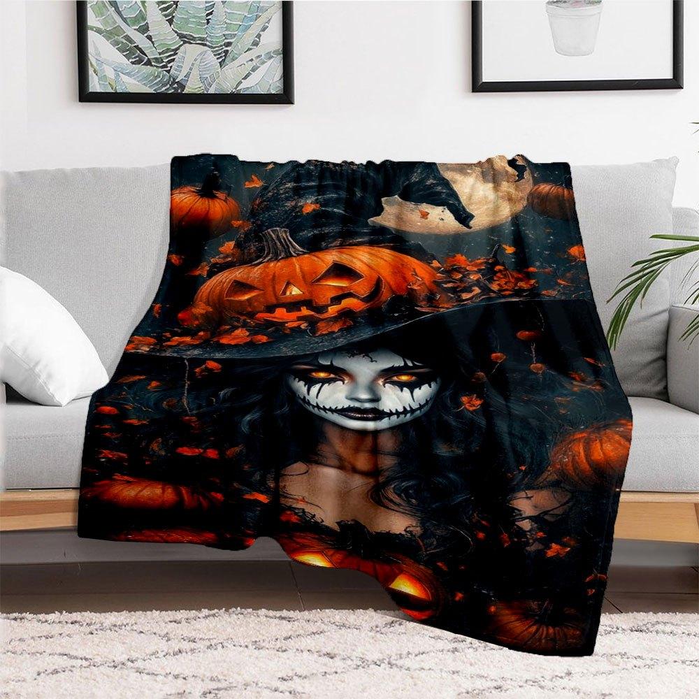 "Halloween Witch Costume with Jack-o'-Lantern Hat"Blanket Flannel Throw Blanket for Sofa, Bed, Travel, Camping, Office