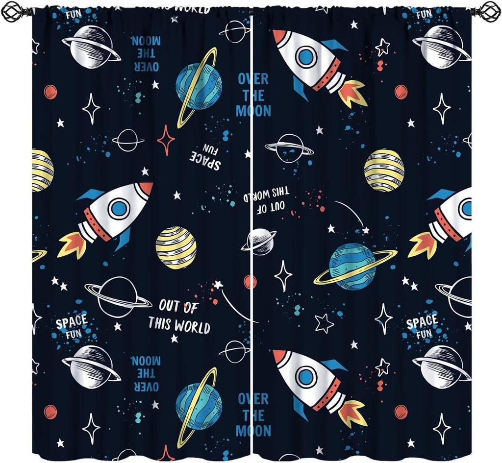 Outer Space Curtains Cartoon Astronaut Rocket Planets Stars Spaceman Universe Galaxy Print Window Kids Boys Made Of Polyester