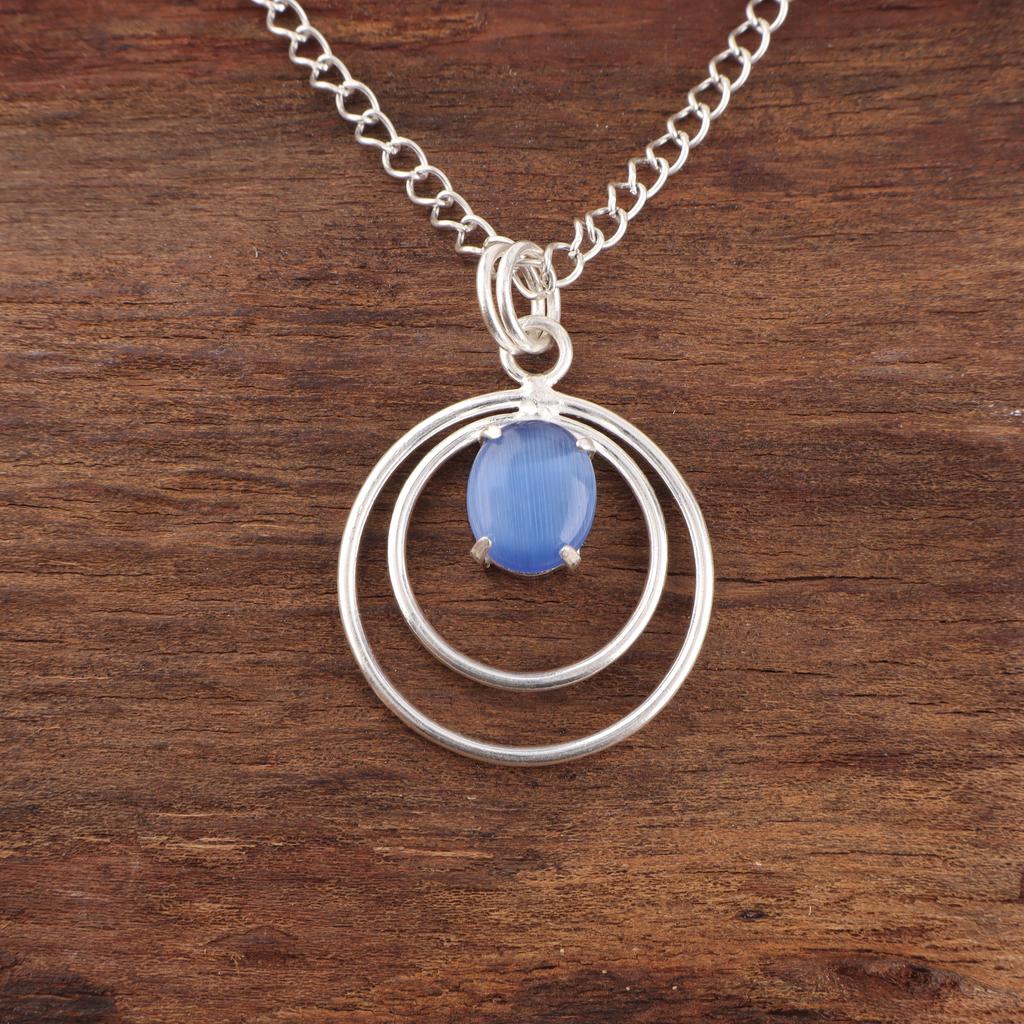 Dunkelblauer Katzenaugen-Edelsteinanhänger, 925 massiver Sterlingsilberschmuck, handgefertigter Designer-Anhänger, Geschenk für Schwester