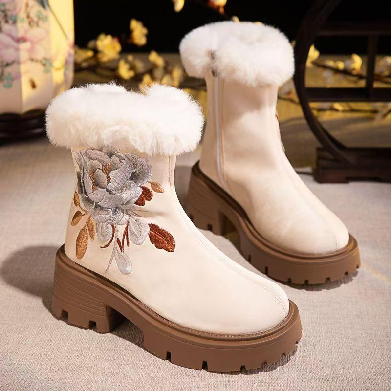 

Женские зимние новые ботильоны на блочном каблуке с вышивкой из хлопка, на толстой подошве, плюшевые теплые, на молнии, с круглым носком, в этническом стиле, обувь для ханьфу 40 бежевый