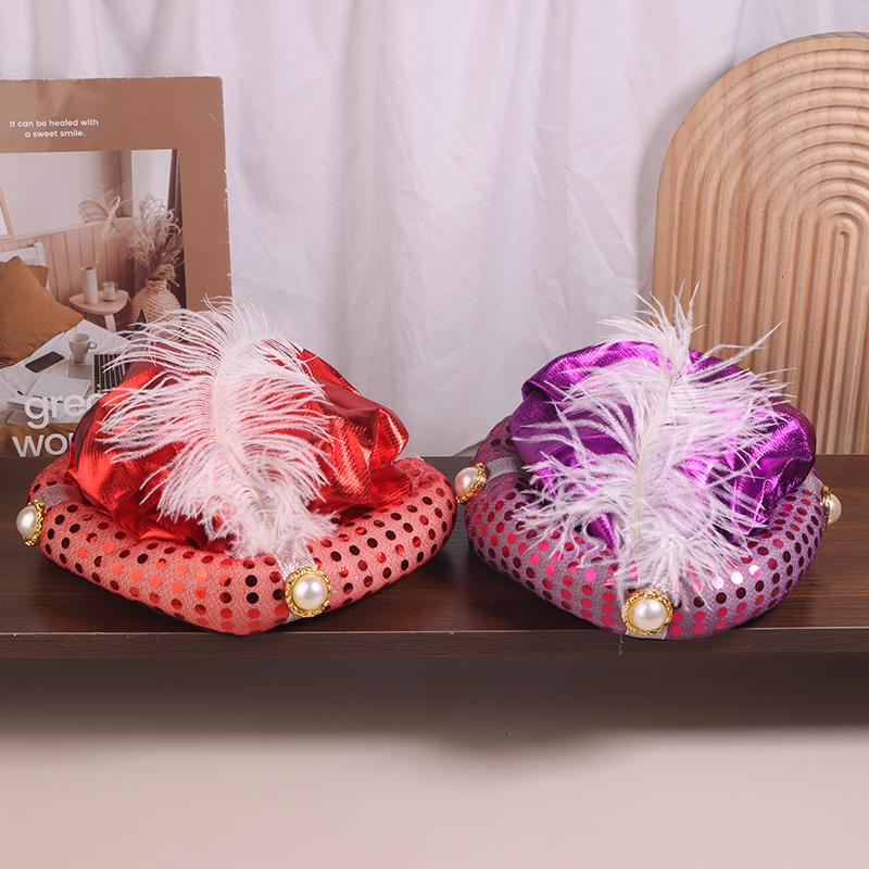 Aladdin Hat Mythical Character Play Cap Men Sultan Headwear Ethnic Style Feather Costume