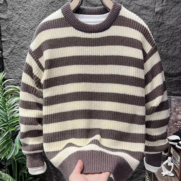 New Spring & Autumn Striped Oversized Slimming Knit Sweater - Black & White, Round Neck, Long Sleeve, Casual Style.