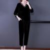 2pcs Pants Suits Autumn Retro Women's V Neck Plus-size Velvet Blouse High-waist Velvet Harem Pants Two-piece Set