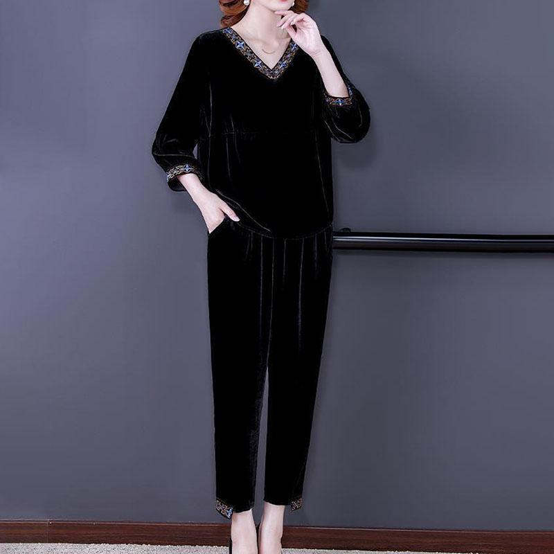 2pcs Pants Suits Autumn Retro Women's V Neck Plus-size Velvet Blouse High-waist Velvet Harem Pants Two-piece Set
