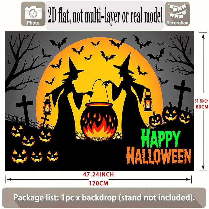 Party Backdrop Halloween Flat Witch Silhouette Pumpkin Lanterns Graveyard Winter Parties Celebration Photo Booth Front Door Decor