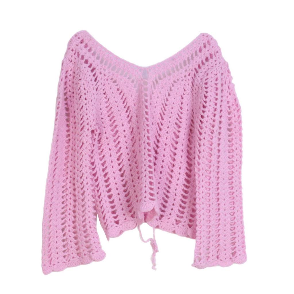 Chunky Knit V-Neck Crochet Sweater: Spring/Summer Long Sleeve Hollowed Pullover for Women