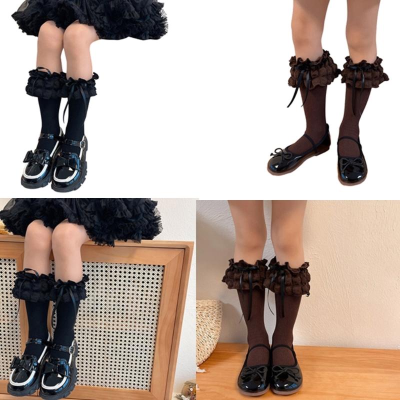 Breathable Cotton Hosiery Socks for Girls Toddler Stretchy Knee High Socks Puff Edge Lace Bows Socks for Autumn Spring