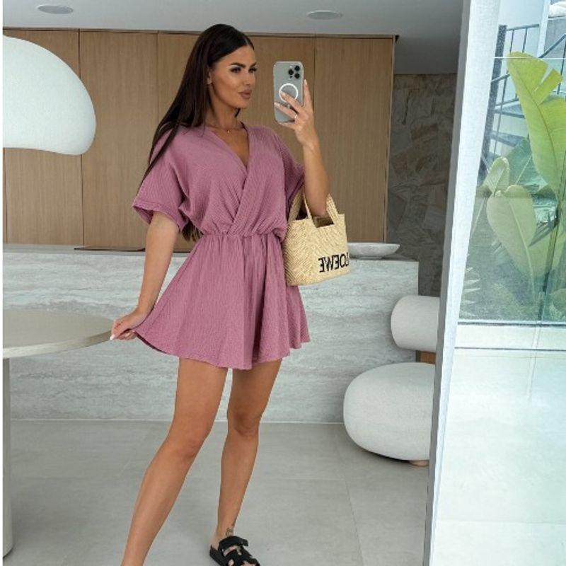 

European and American Summer New Gray V-neck Elastic Waist Shoulder Short sleeve Wide Leg Jumpsuit Shorts Hot Pants Jumpsuits Lotus root color L