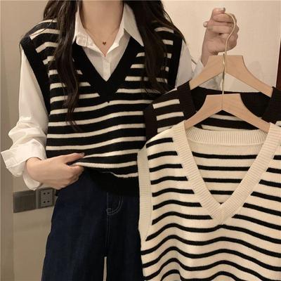 Black and White Striped V-neck Camisole with Folded Vest Vest Knit Sweater Women Autumn 2023 Loose Top Short Vest Sweater Female