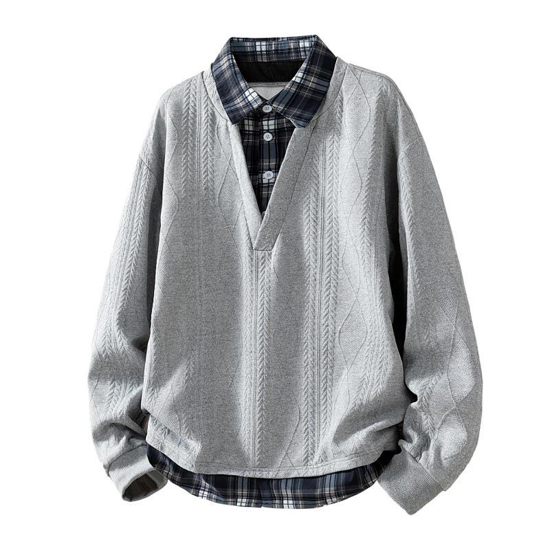 2026 Spring/Autumn Trendy Casual Plaid Hoodie - College Style, Loose Fit, Fake Two-Piece, Long Sleeve