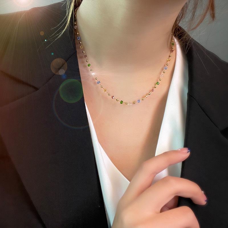Gold Plated Stainless Steel Multicolor Cube Beaded Choker Necklace