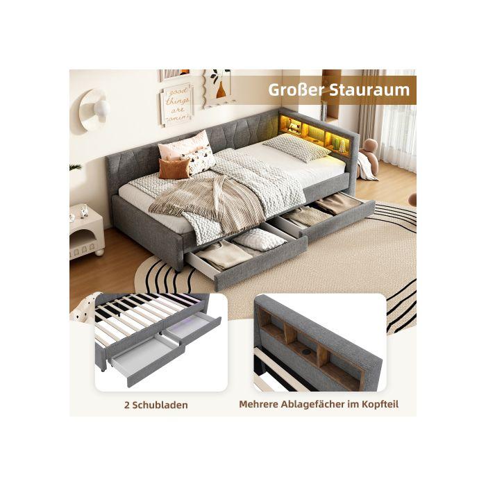 Schlafsofa, 90*200 cm, Tagesbett, Schlafsofa, Bettaufbewahrung, USB+Typ C (ohne Matratze), Leinen, Grau