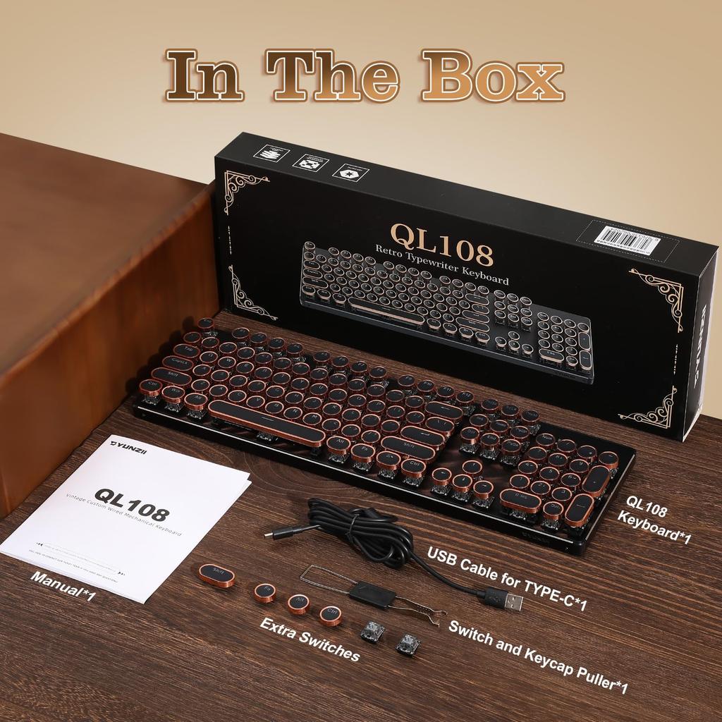 YUNZII QL108 Typewriter Mechanical Gaming RGB Metal Panel Round USB Wired Connection Onyx Keyboard, Full-Size, Hot-Swappable, Backlit, & Retro-Punk