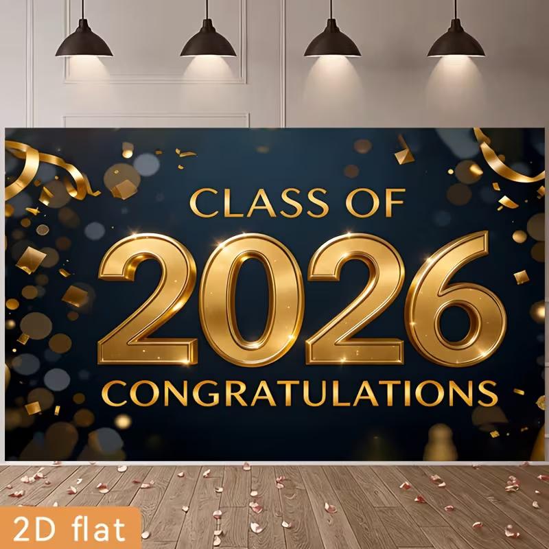 Stendardo di Diploma Nero Oro Classe 2026, 180x110cm "Congratulazioni" con Testo in Foglia Oro per Photo Booth