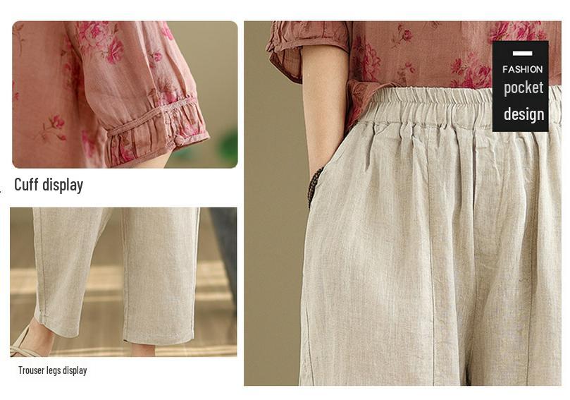 2025 Korean Style Plus Size Slimming Retro Shirt & Casual Cotton-Linen Pants Set for Women