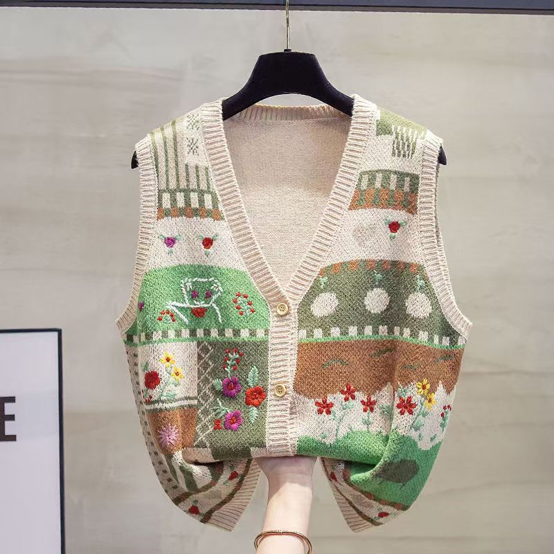 Bear Cartoon Jacquard V Neck Knitted Vest Sweater Women Autumn Winter Outwear Loose Sleeveless Sweater Cardigan Fashion Y2k Tops