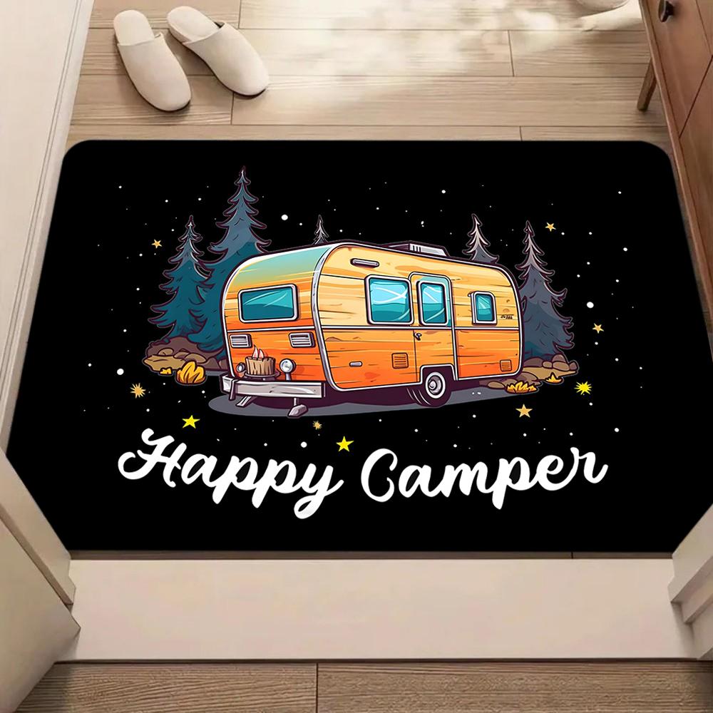 Vintage Camper Van Doormat with Stars Black Coir Rug Happy Camper Text Outdoor Adventure Decor Non-Slip Entrance Mat for Home