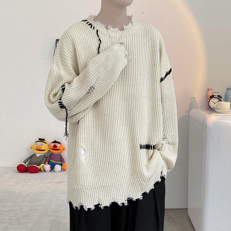 Trendy Irregular Hem Ripped Sweater - Autumn & Winter Loose Knit Pullover for Men
