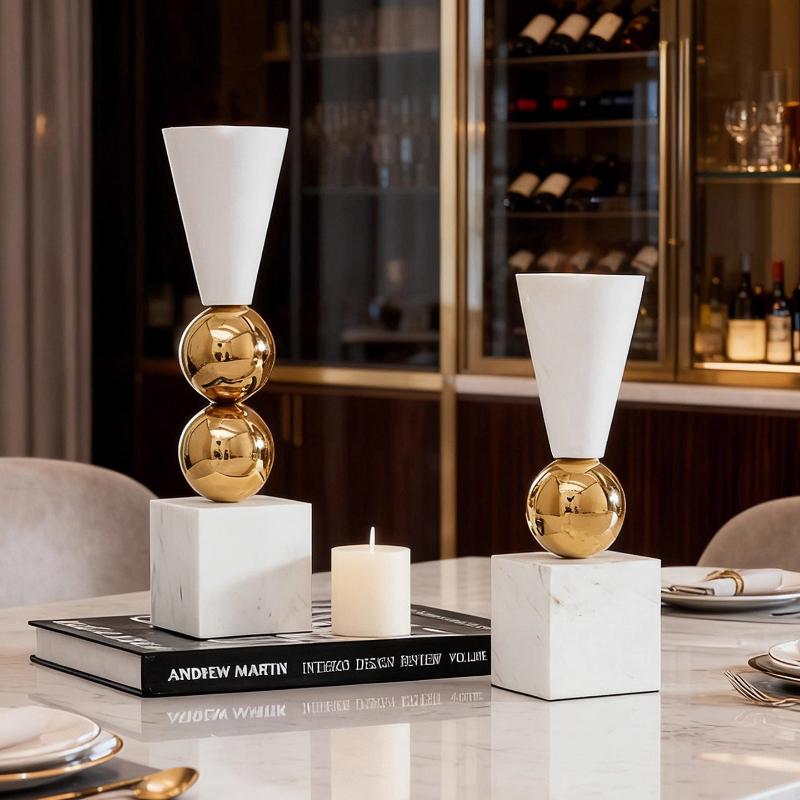 Marble Candlestick Candle Holder Geometric Golden Sphere Marble Ornaments Centerpieces Candle Stick Holder Home Decoration