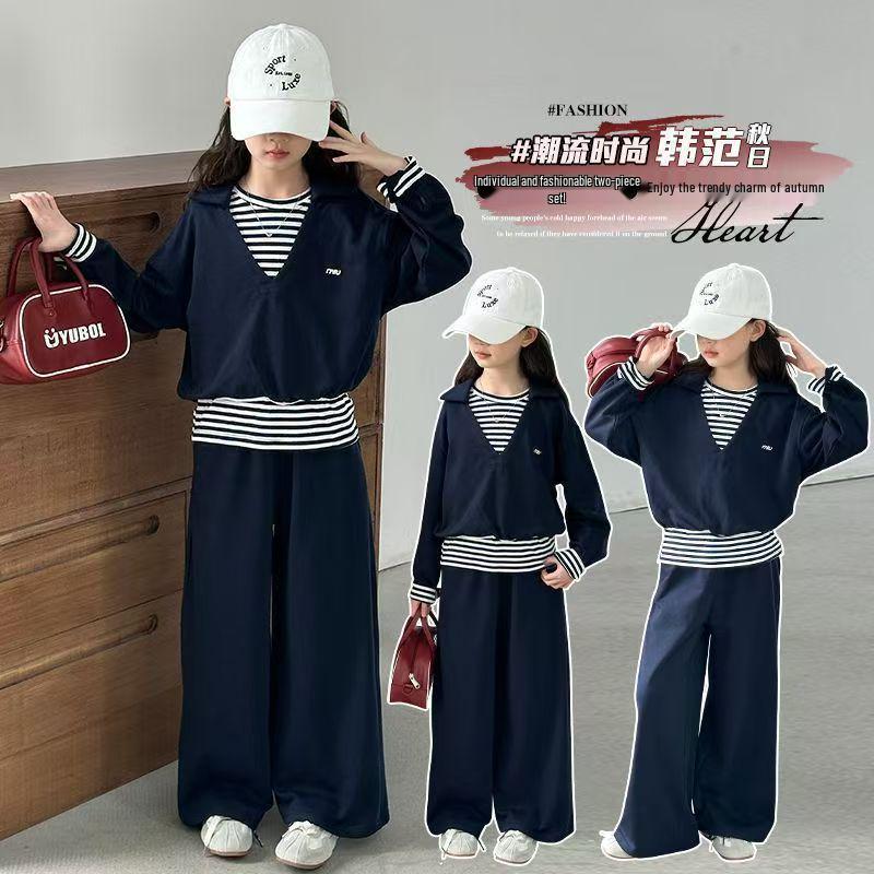 

Girls Striped Two-Piece Sweatshirt Set for Spring and Autumn 2025 150 cm темно-синий