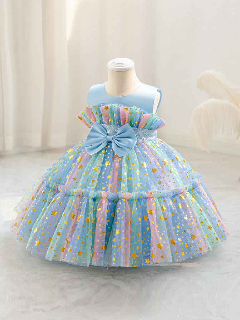 Summer 2025 Girls' Star Gradient Sleeveless Mesh Princess Dress with Butterfly Design for Formal and Piano Events