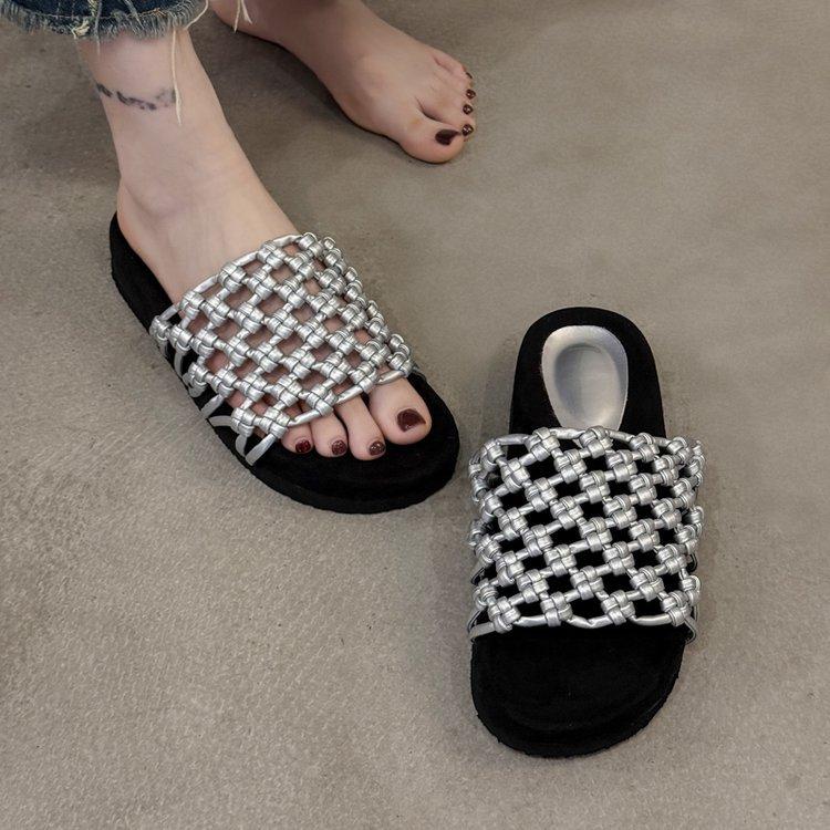 Summer hand-woven fishing net hollow breathable thick-soled beach shoes women's casual round toe cool slippers