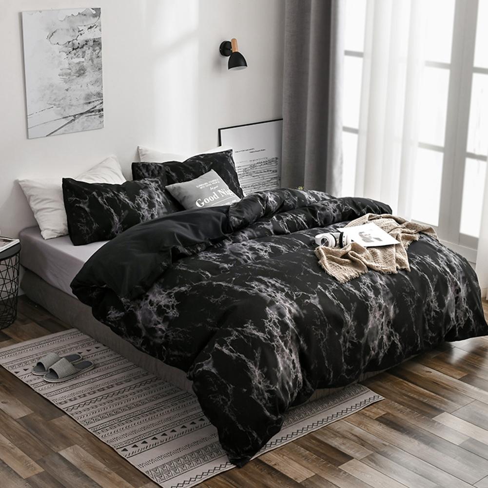 3Pcs Set Polyester Marbled Quilt Cover Pillowcase Bedding Set EU Double Size (Black)
