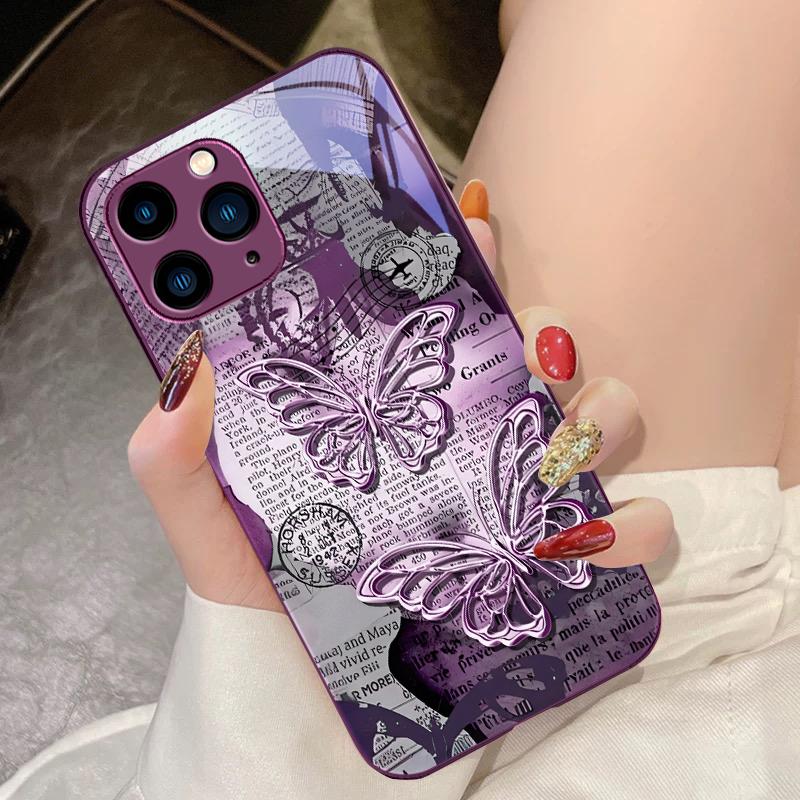 Vintage motýľ pre iPhone 16 Pro Max 15 Pro 14 13 12 Mini 11 XS Max XR 7 8 Plus SE 2022 Tvrdené sklo puzdro na telefón