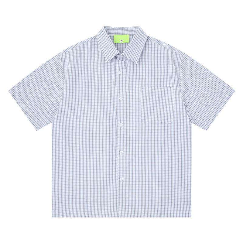 Japanese cityboy blue plaid short-sleeved shirt men s summer trendy brand retro lazy style loose casual shirt M