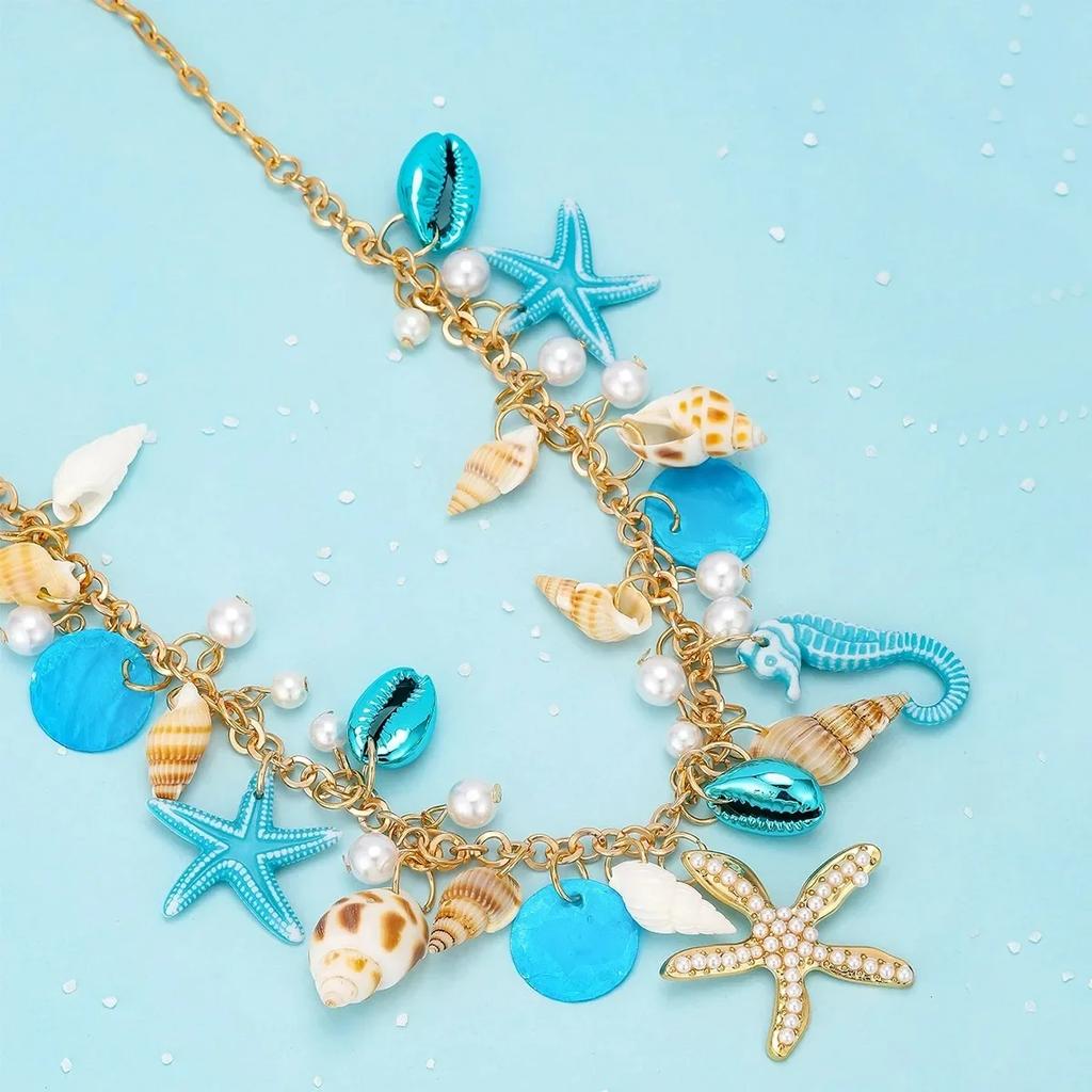 Charm Ocean OT Buckle Bohemia Starfish Pendant Necklace for Women Handmade Rice Beads Ceramic Fish Choker Girls Party