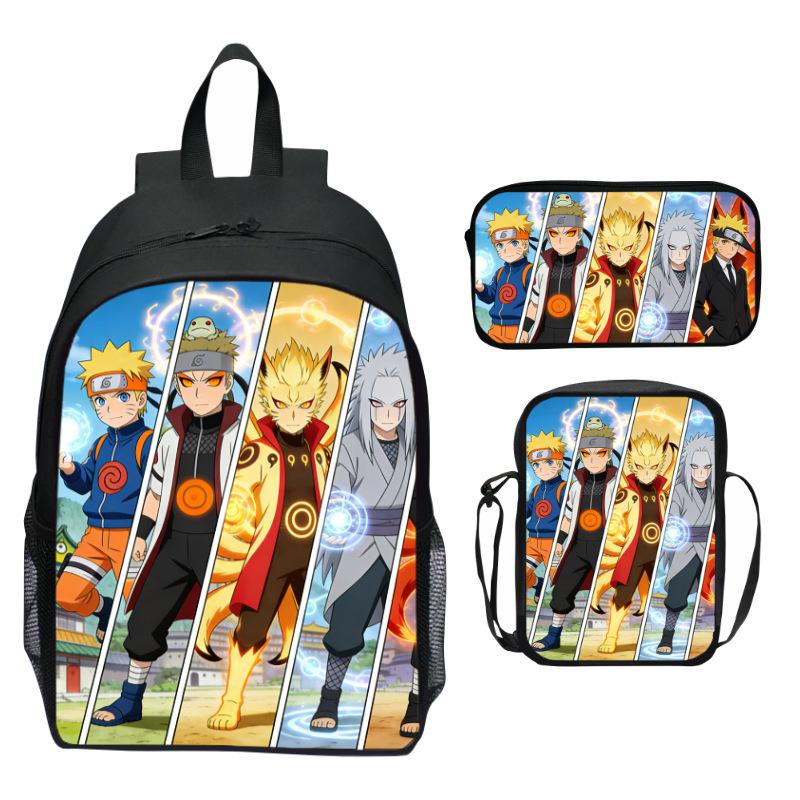 Set Zaino Anime Naruto 3 Pezzi Zaino Scuola Elementare Cartone Animato Stampato Leggero Multitasche