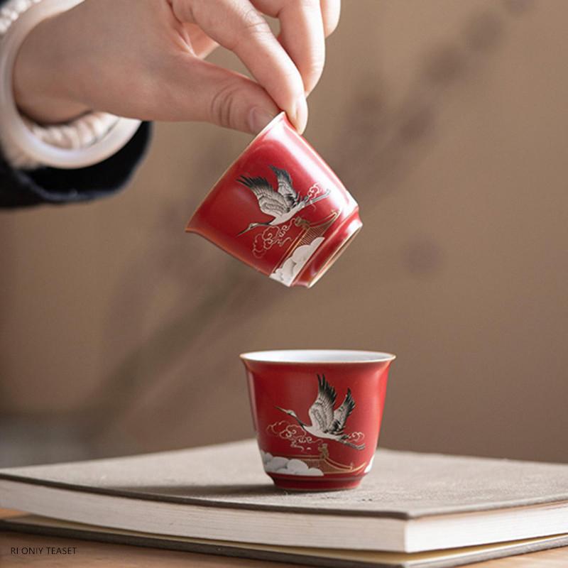 1 Pc Chinese Ceramic Tea Cup Handmade Flying Crane Teacup Household Red Tea Bowl Travel Personal Master Cup Tea Set 40ml